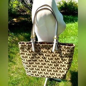 Michael Michael Kors Jacquard Monogram Tote Tan, Brown & White Trim